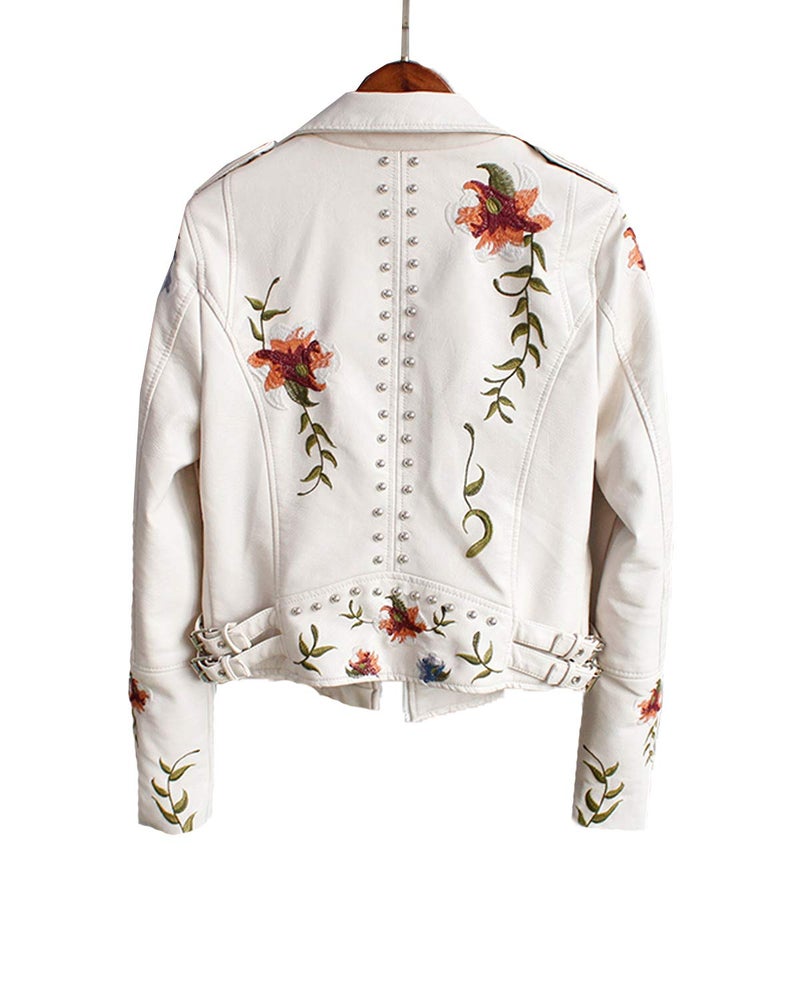 LY VAREY LIN Women's Floral Embroidered Faux Leather Moto PU Jacket Coat (XL, Beige) - Image 3